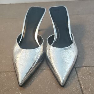 Zara Metallic Silver Pointed-Toe Mule Heels